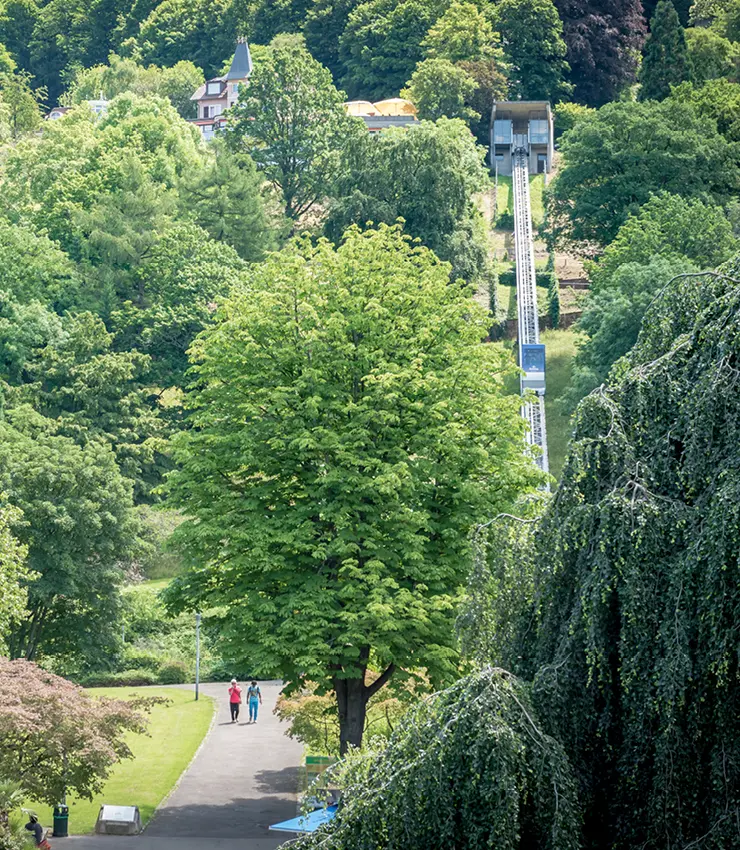 Viele Grüne Bäume am Fuß des Schlossberges, im Hintergrund ist eine kurze Zahnradbahn.